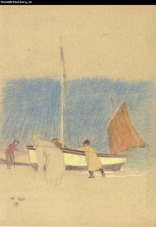 Joseph E.Southall Fishermen and Boat on the Shore